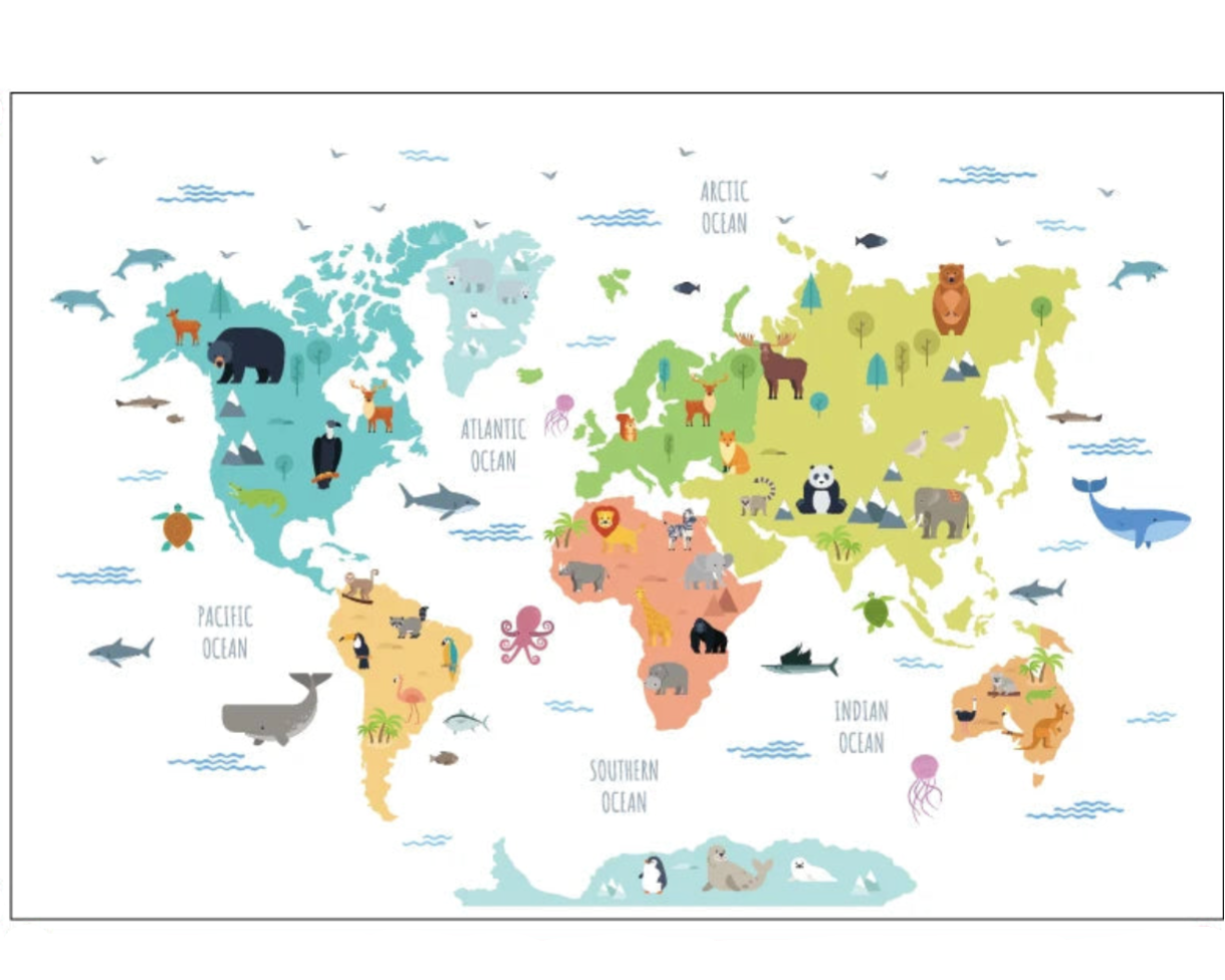 Autocollant mural de carte de la terre et animaux pour enfants - Sticker