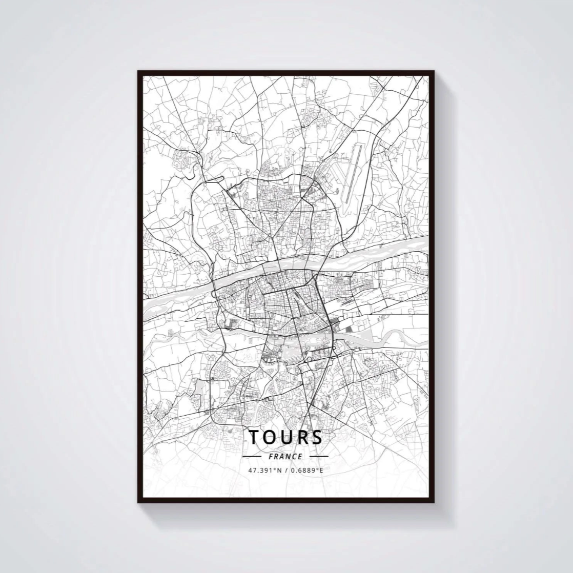 Poster Carte de Tours Noir et Blanc - Décoration Murale