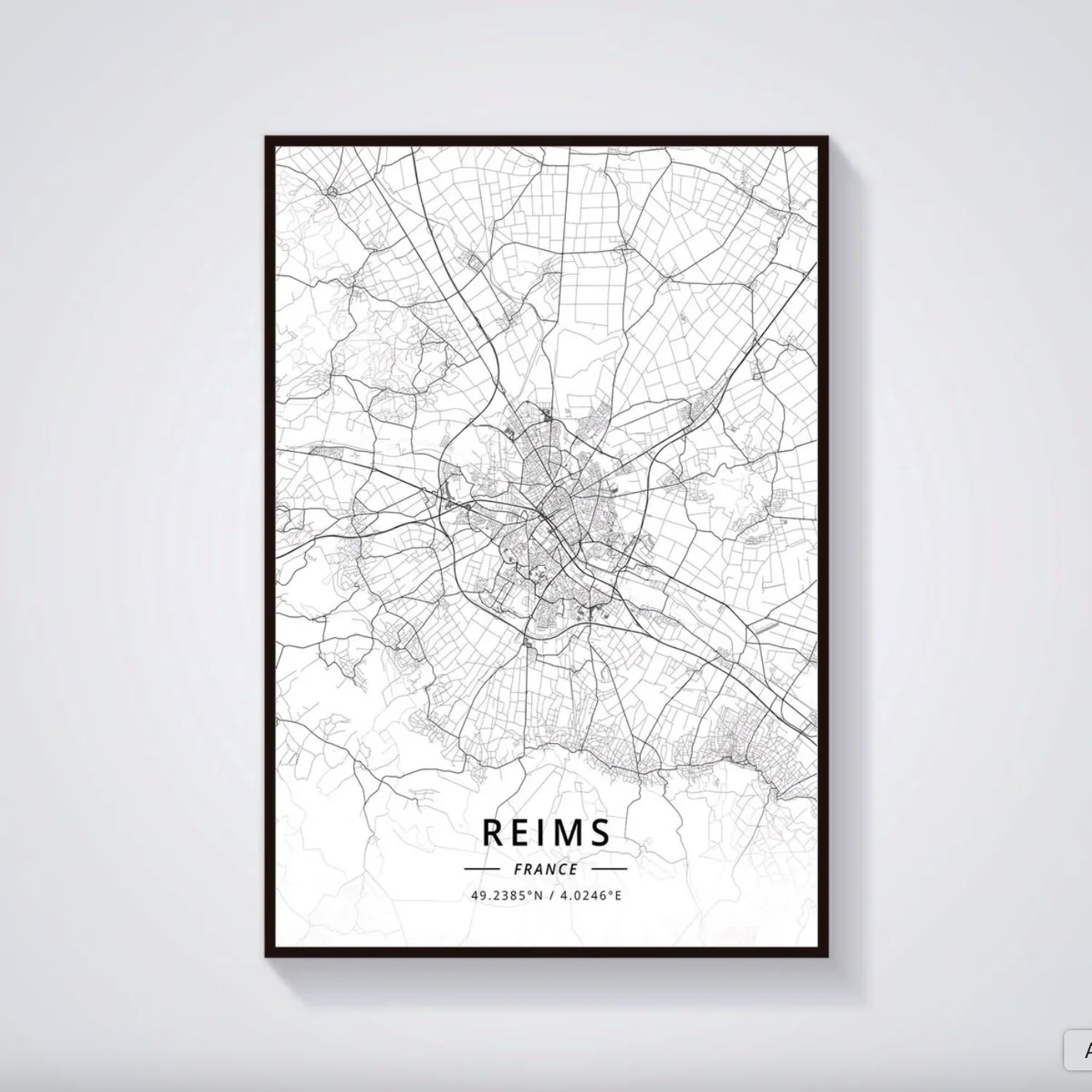 Poster Carte de Reims Noir et Blanc - Décoration Murale