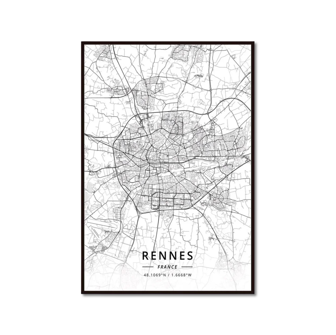 Poster Carte de Rennes Noir et Blanc - Décoration Murale