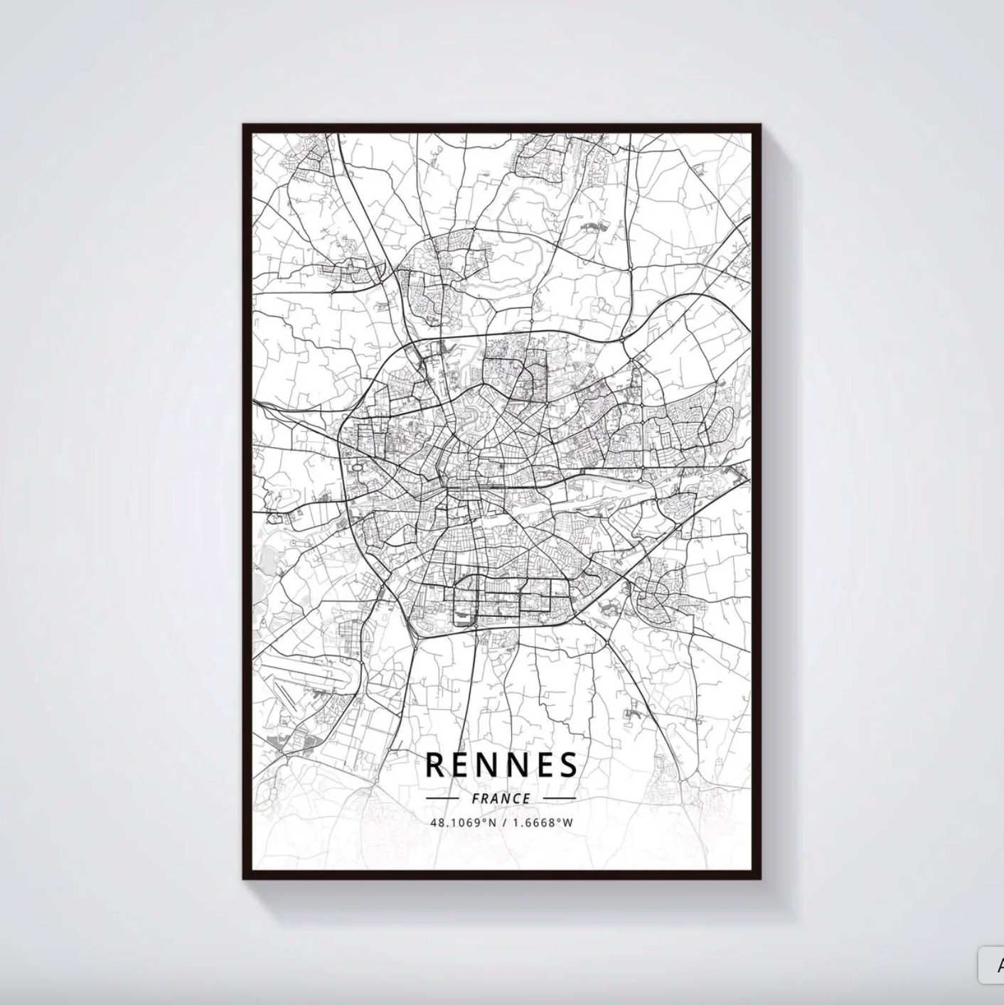 Poster Carte de Rennes Noir et Blanc - Décoration Murale