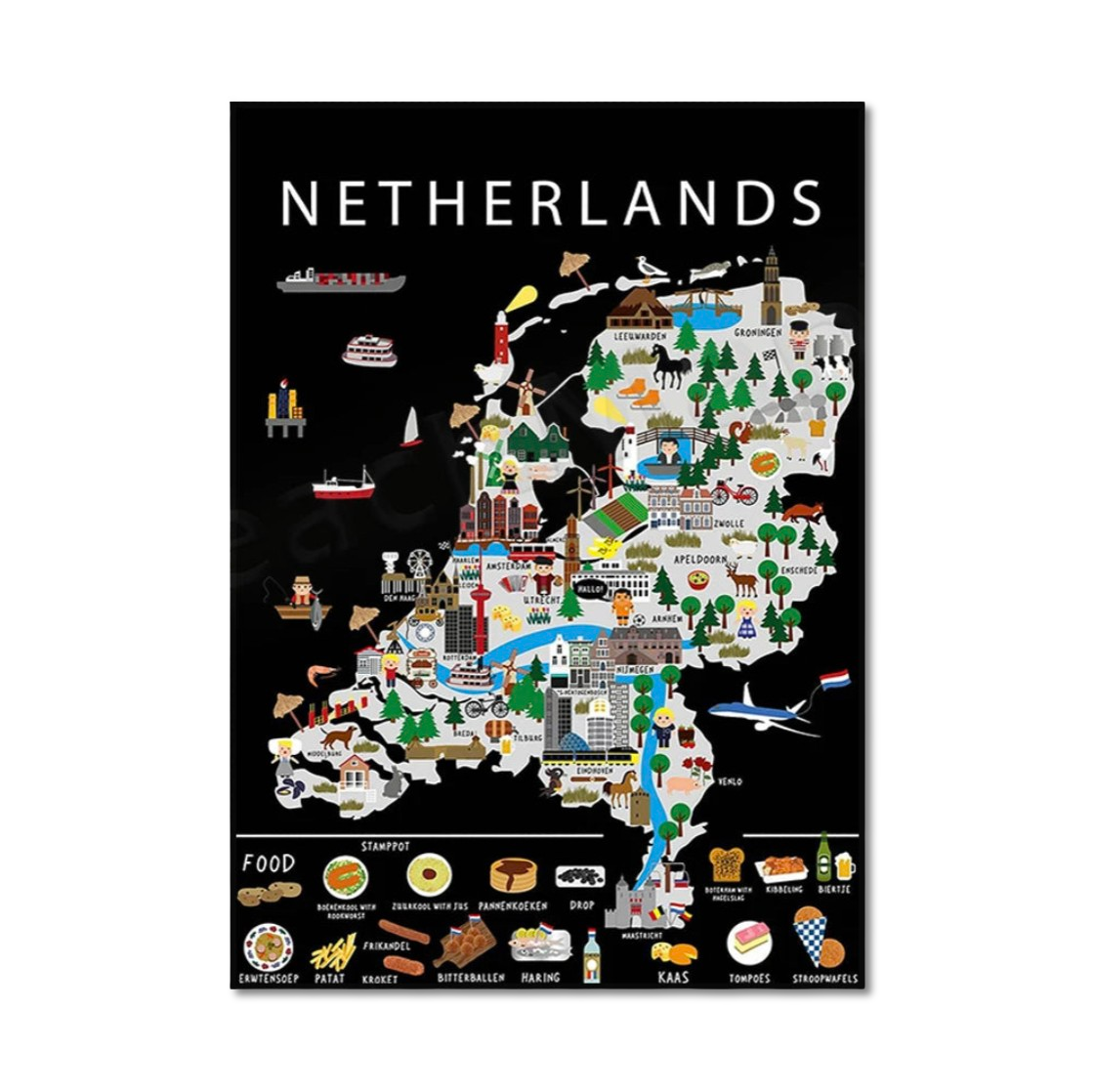 Poster Carte Gastronomique & Culturelle du Pays-Bas