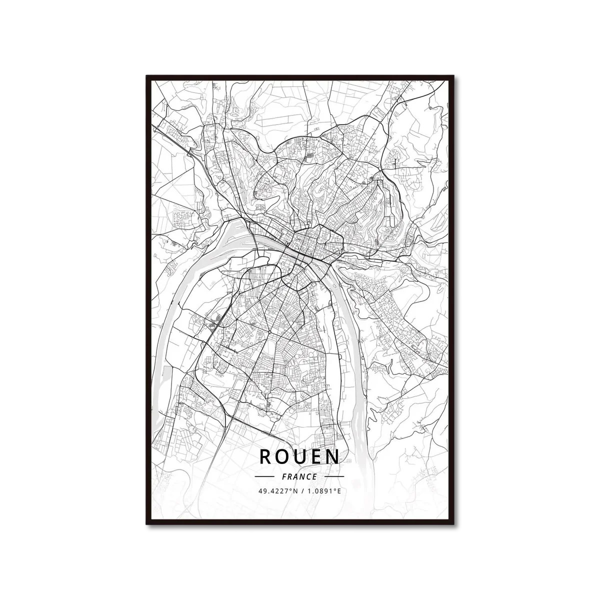 Poster Carte de Rouen Noir et Blanc - Décoration Murale