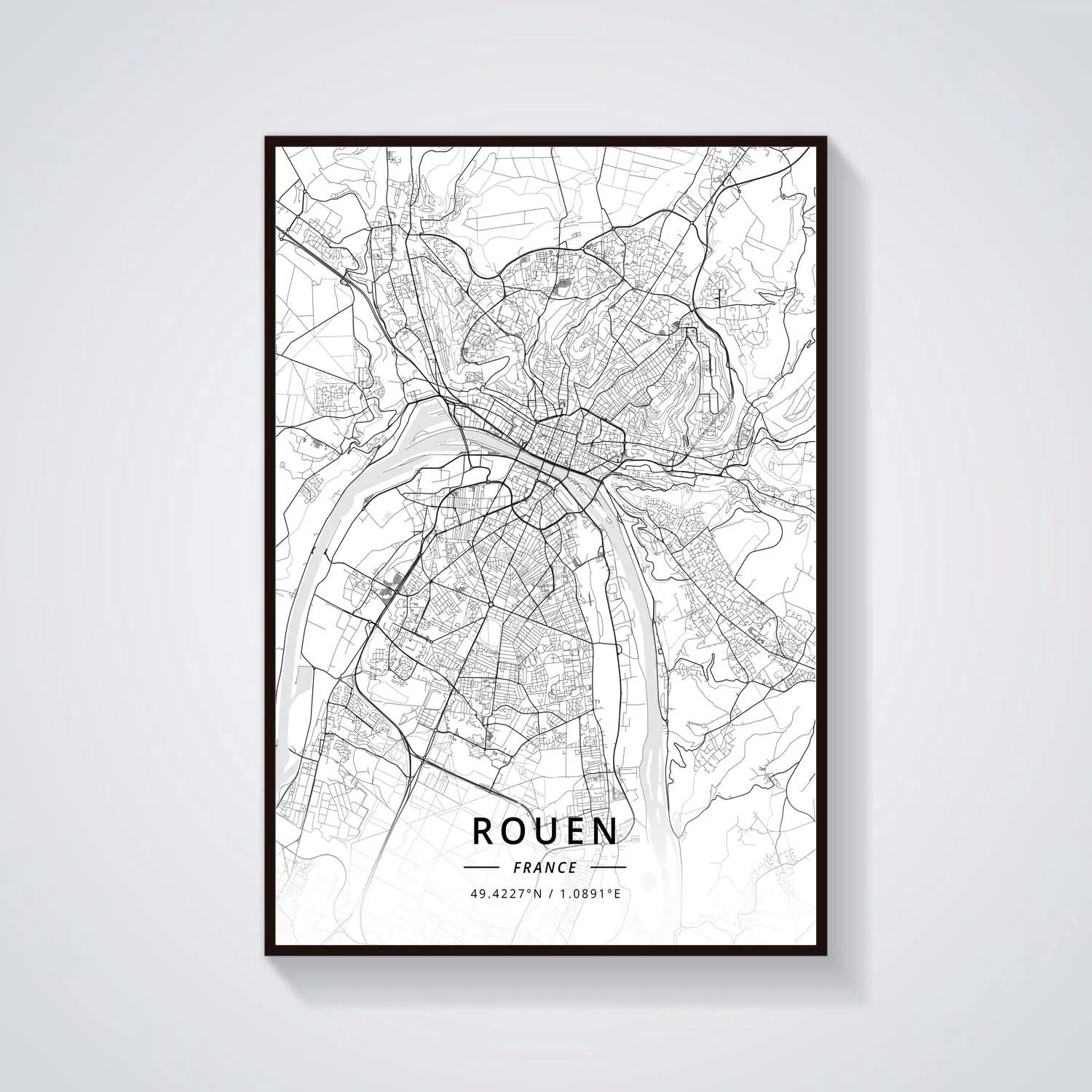 Poster Carte de Rouen Noir et Blanc - Décoration Murale