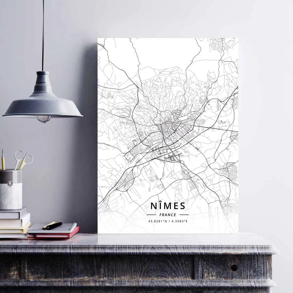 Poster Carte de Nîmes Noir et Blanc - Décoration Murale