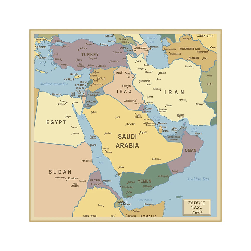 Carte du Moyen-Orient Politique 150x150 cm – Carte Murale Éducative en Toile