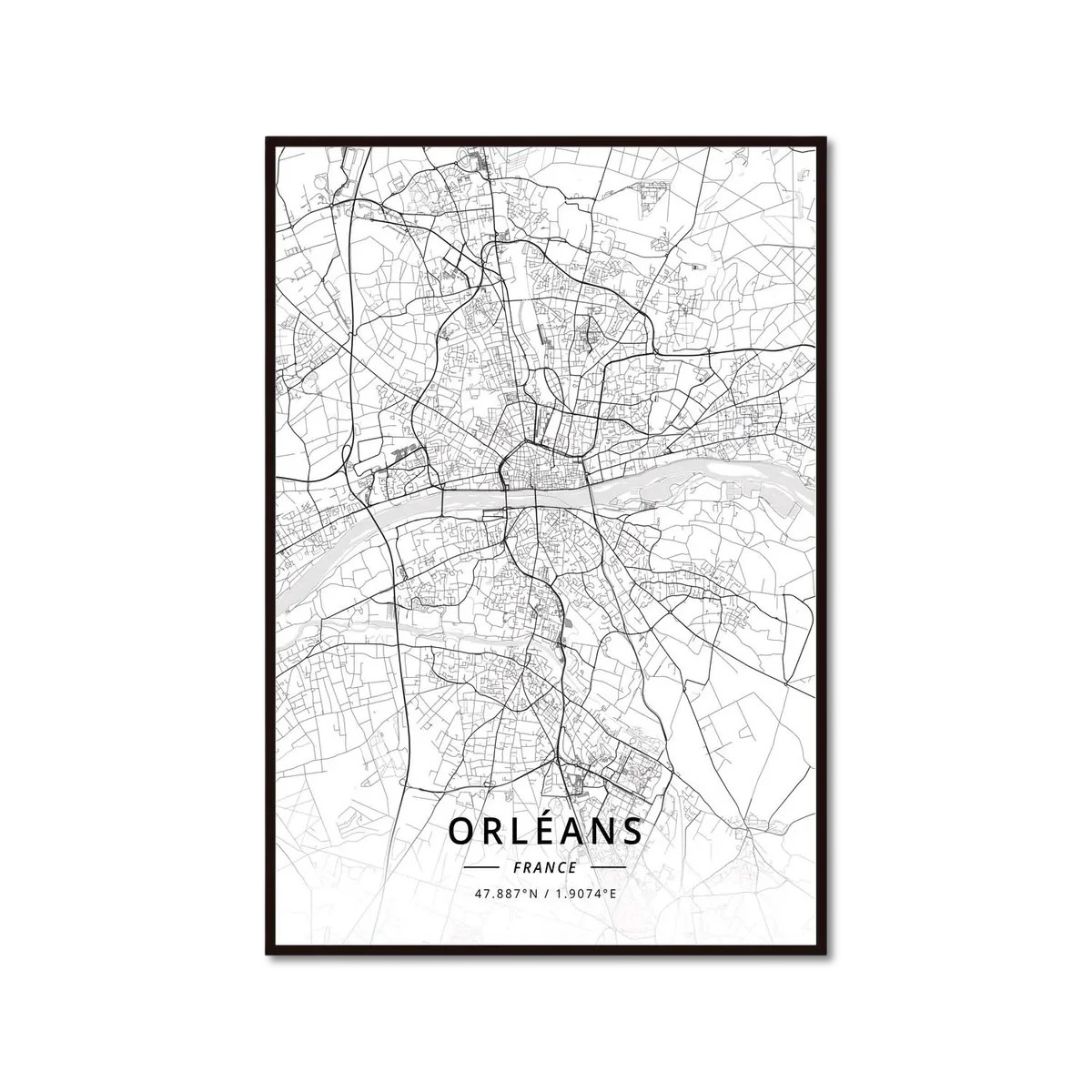 Poster Carte de Orléans Noir et Blanc - Décoration Murale