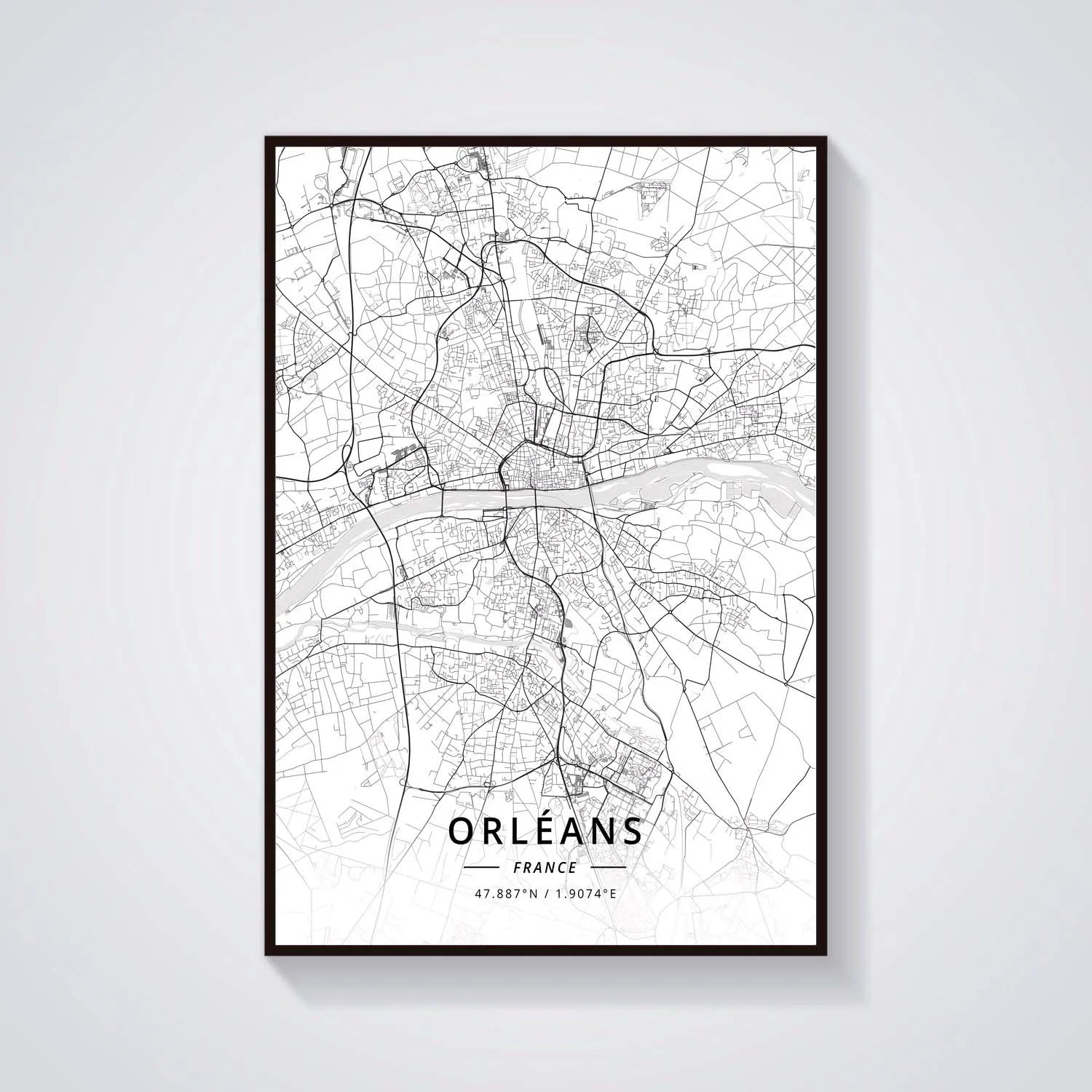 Poster Carte de Orléans Noir et Blanc - Décoration Murale