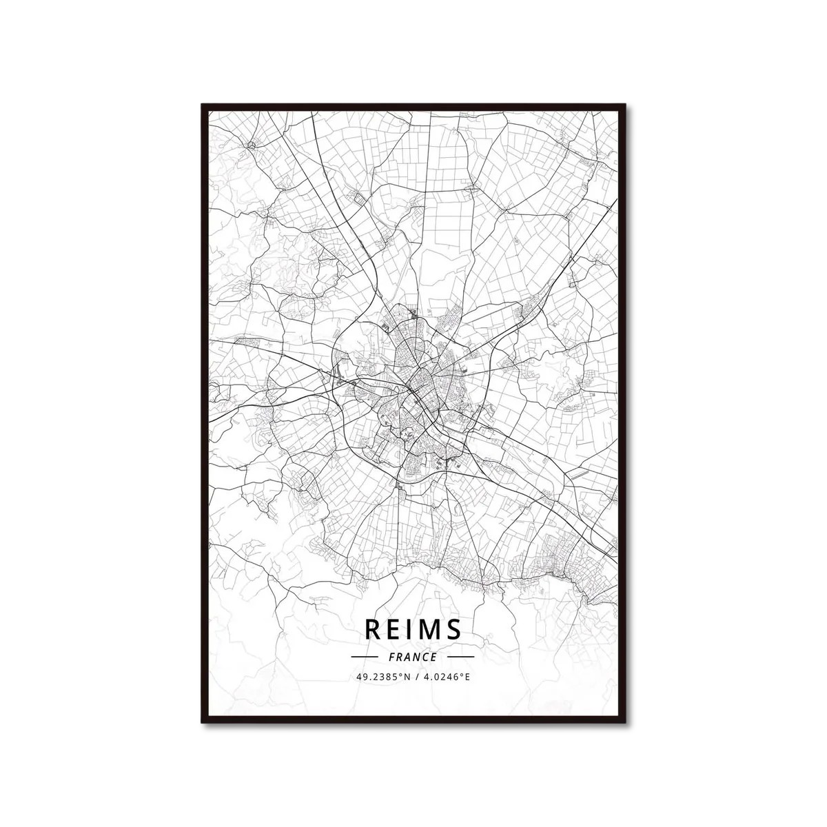 Poster Carte de Reims Noir et Blanc - Décoration Murale