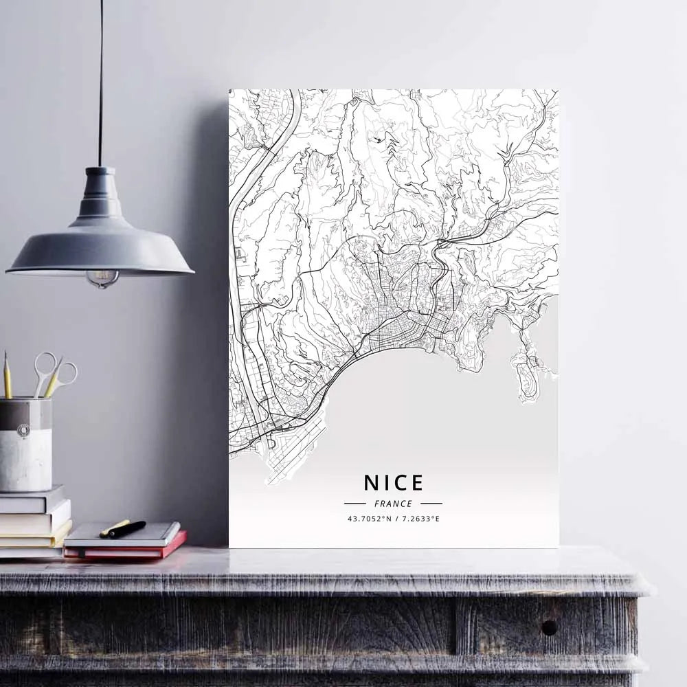 Poster Carte de Nice Noir et Blanc - Décoration Murale