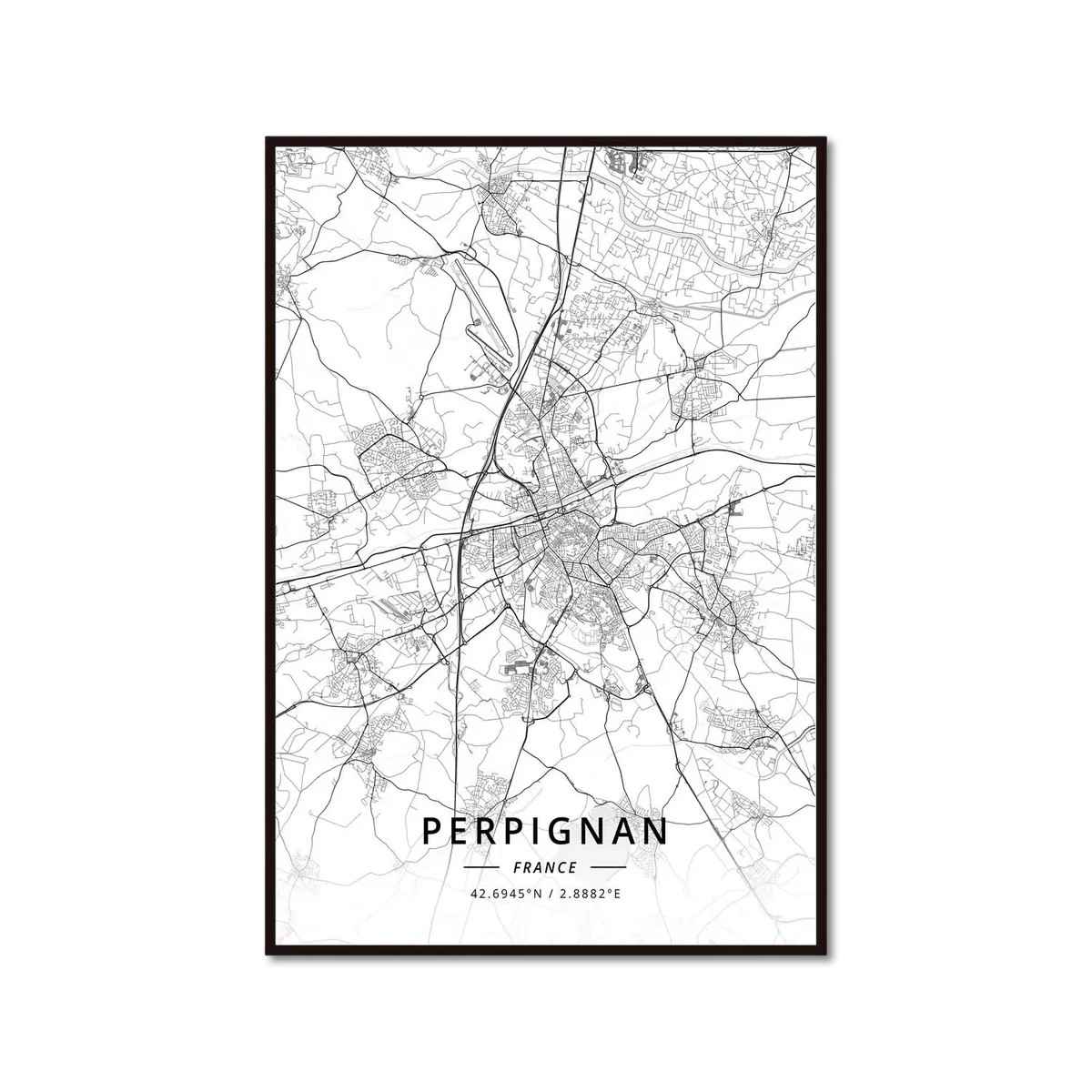 Poster Carte de Perpignan Noir et Blanc - Décoration Murale