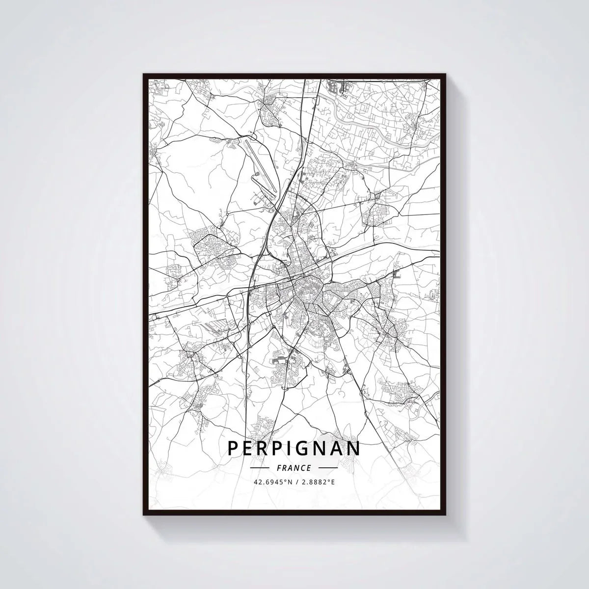 Poster Carte de Perpignan Noir et Blanc - Décoration Murale