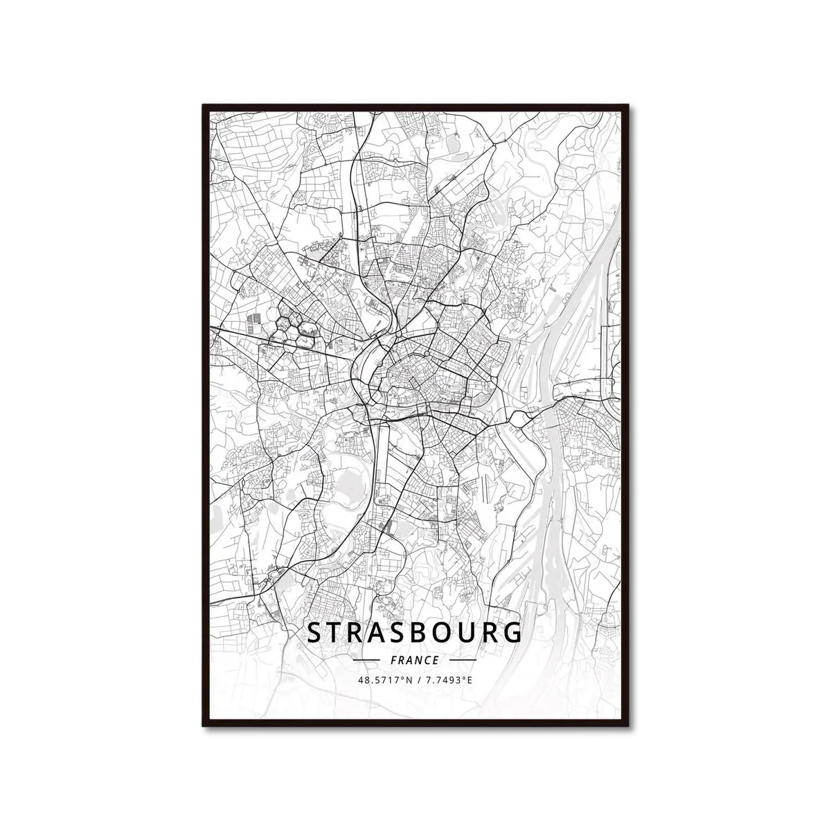 Poster Carte de Strasbourg Noir et Blanc - Décoration Murale