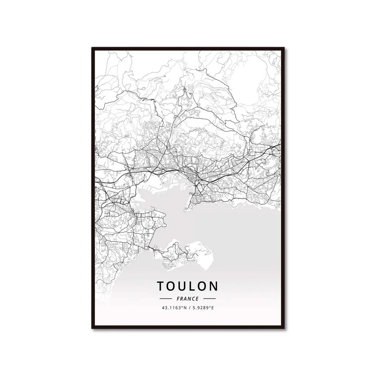 Poster Carte de Toulon Noir et Blanc - Décoration Murale