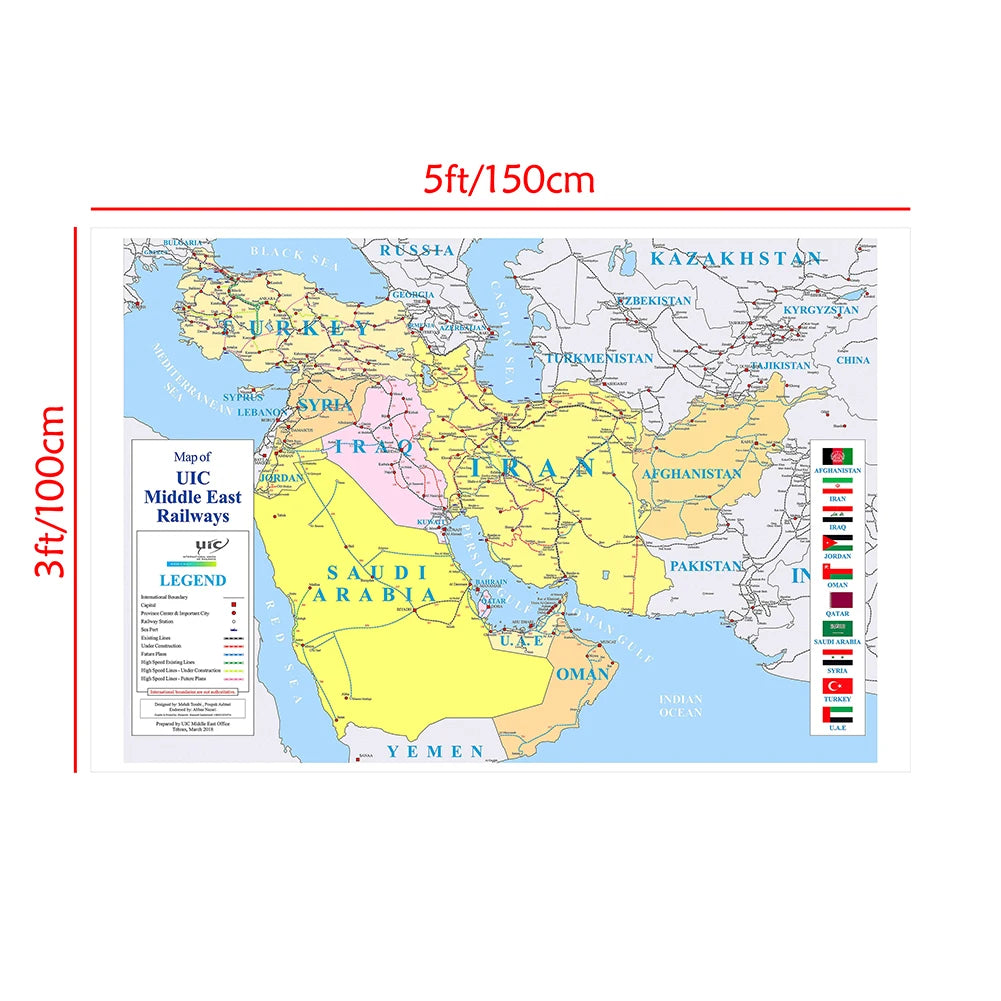 Carte du Moyen-Orient – Réseau Ferroviaire | Format Géant 150×100 cm