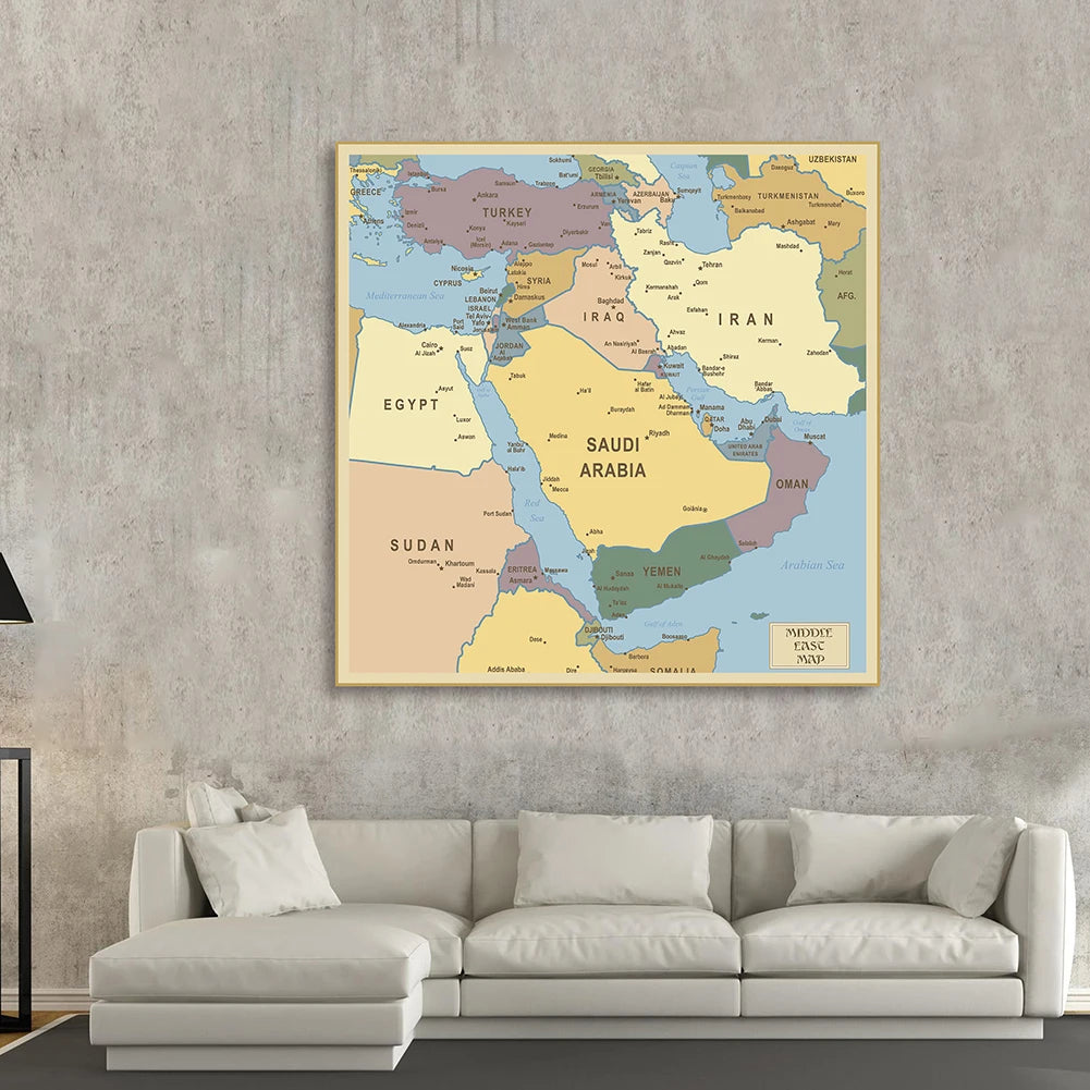 Carte du Moyen-Orient Politique 150x150 cm – Carte Murale Éducative en Toile