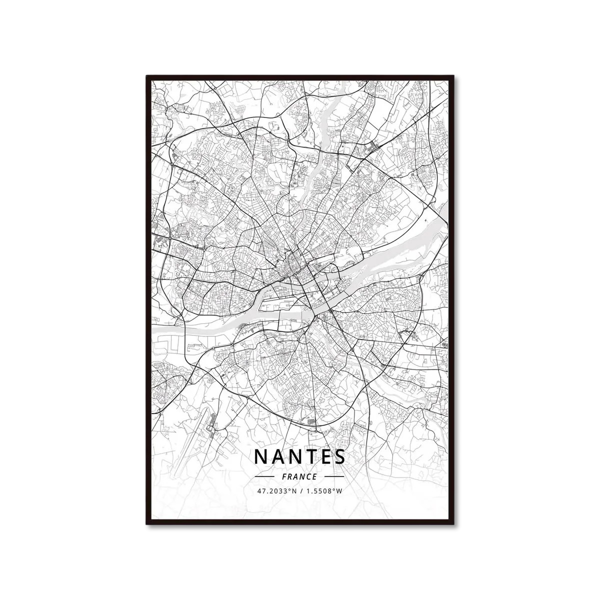 Poster Carte de Nantes Noir et Blanc - Décoration Murale