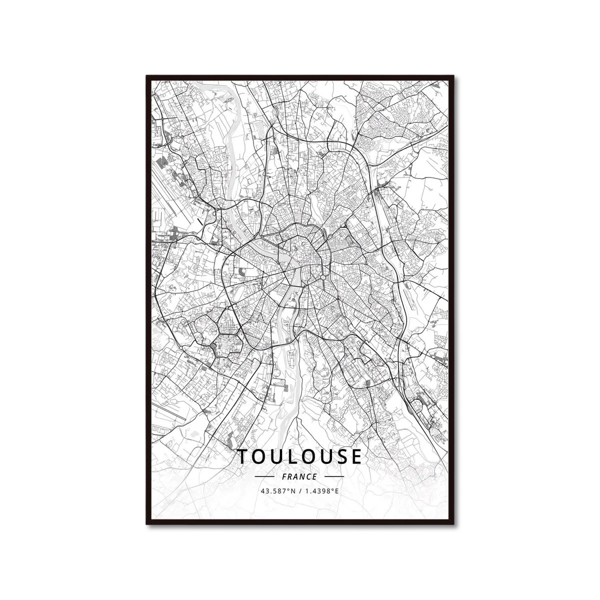 Poster Carte de Toulouse Noir et Blanc - Décoration Murale