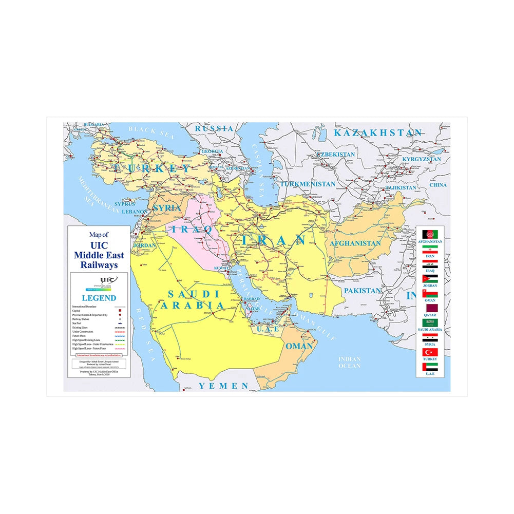Carte du Moyen-Orient – Réseau Ferroviaire | Format Géant 150×100 cm