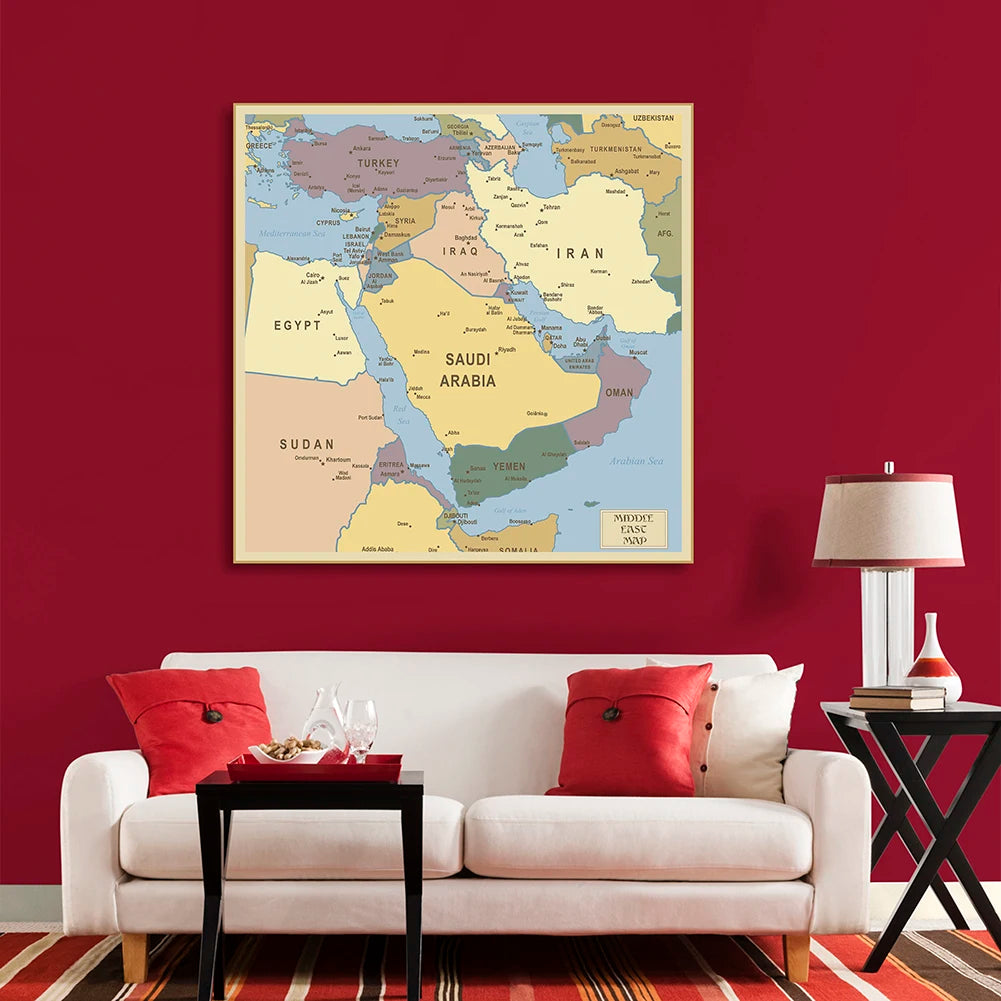 Carte du Moyen-Orient Politique 150x150 cm – Carte Murale Éducative en Toile