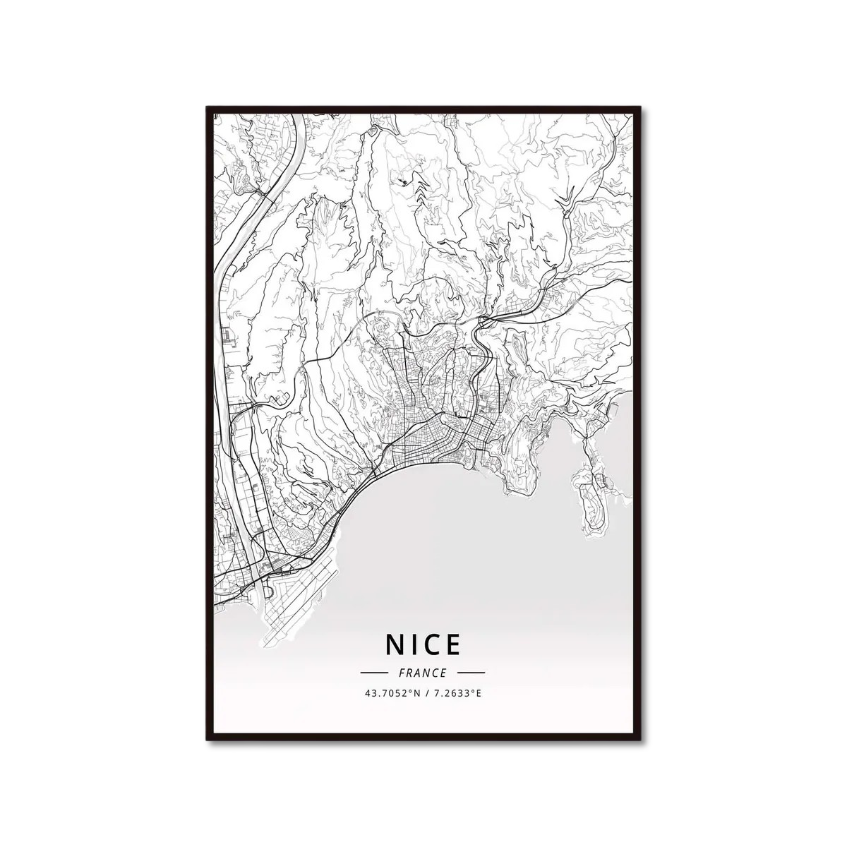 Poster Carte de Nice Noir et Blanc - Décoration Murale