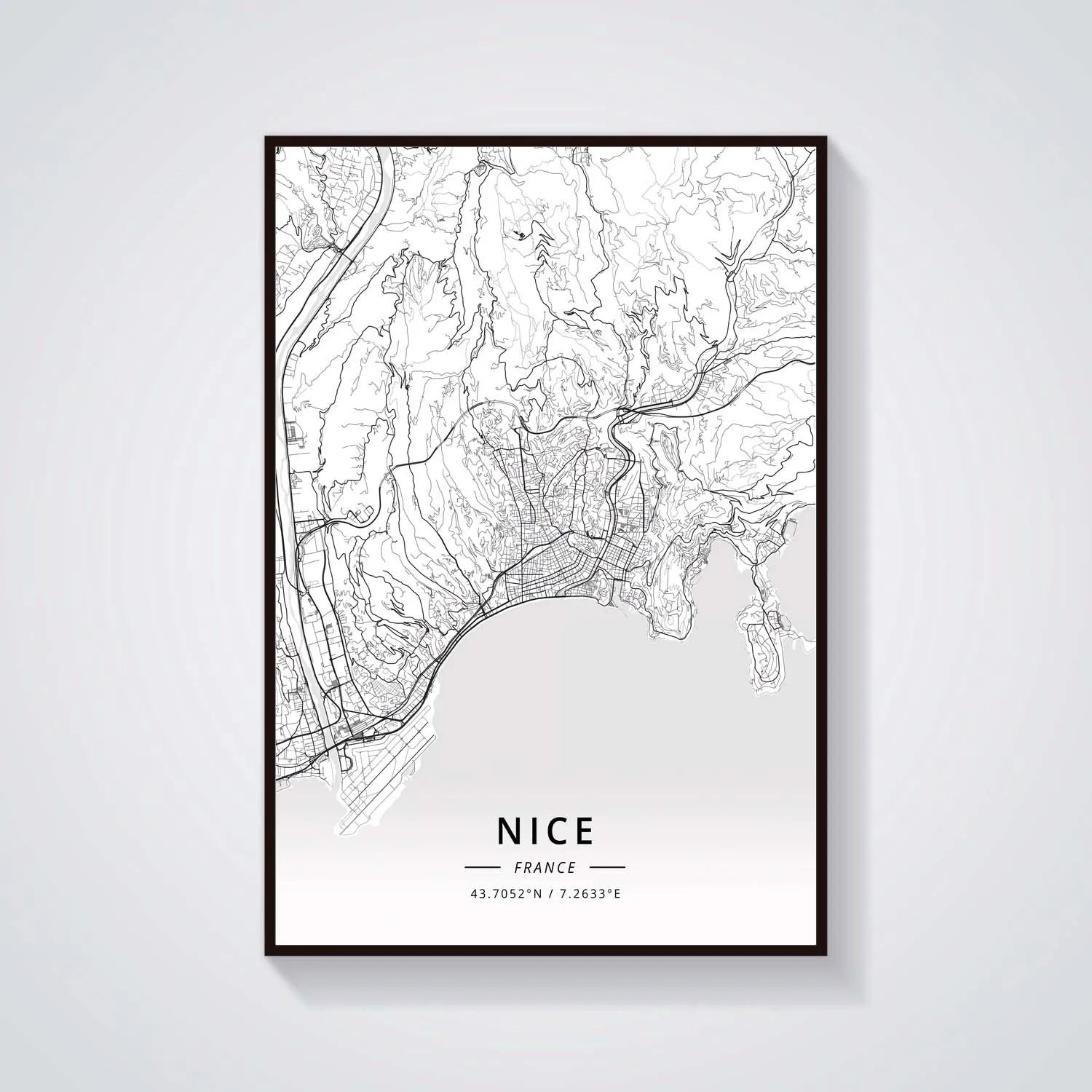 Poster Carte de Nice Noir et Blanc - Décoration Murale