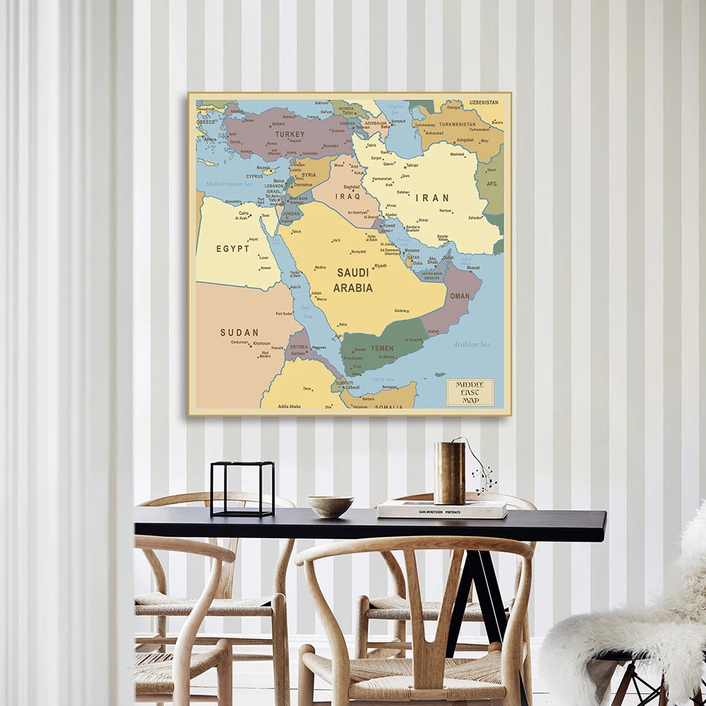 Carte du Moyen-Orient Politique 150x150 cm – Carte Murale Éducative en Toile