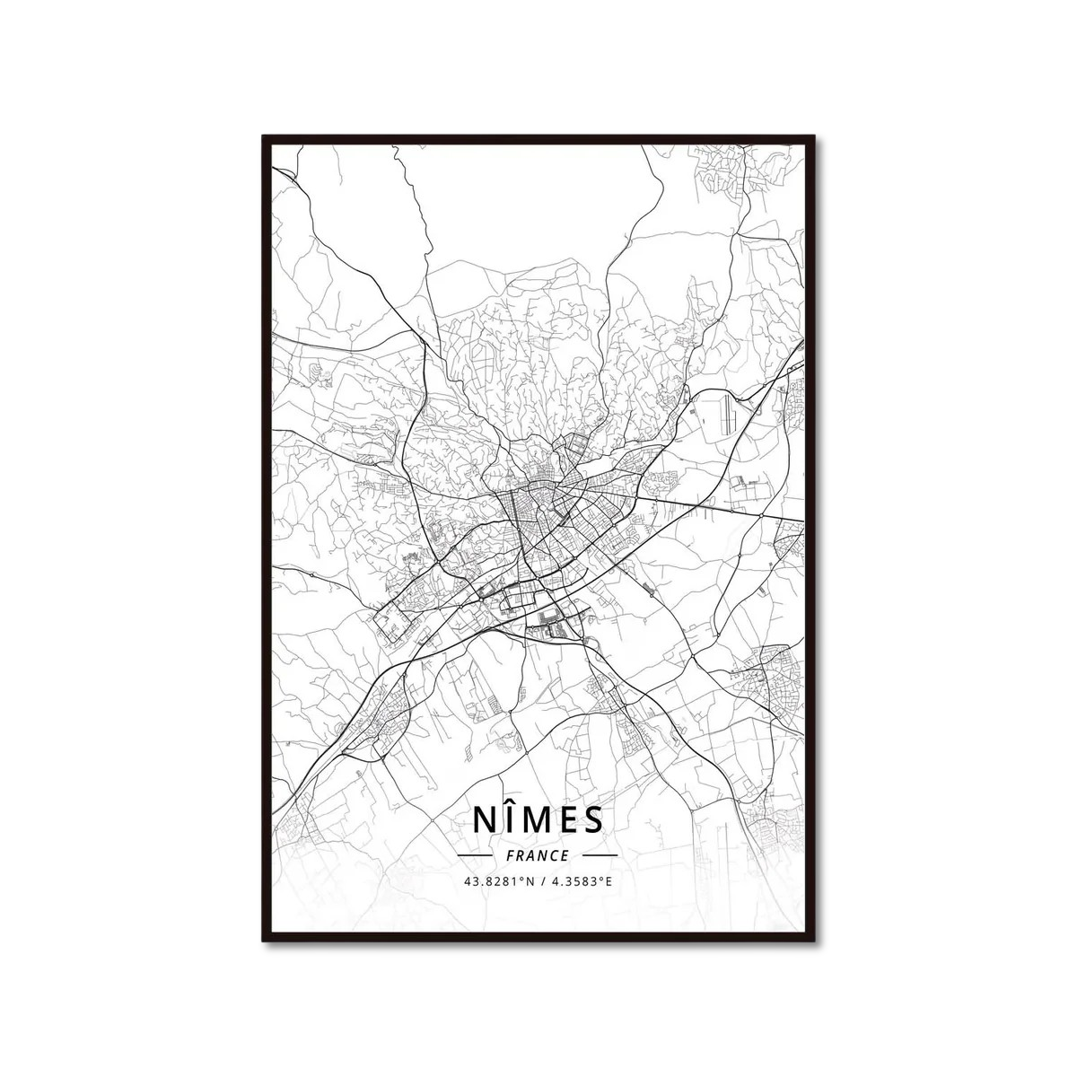 Poster Carte de Nîmes Noir et Blanc - Décoration Murale