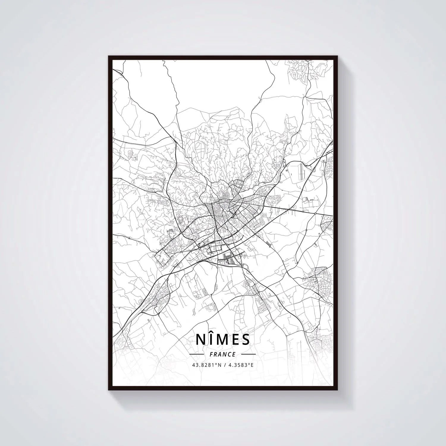 Poster Carte de Nîmes Noir et Blanc - Décoration Murale