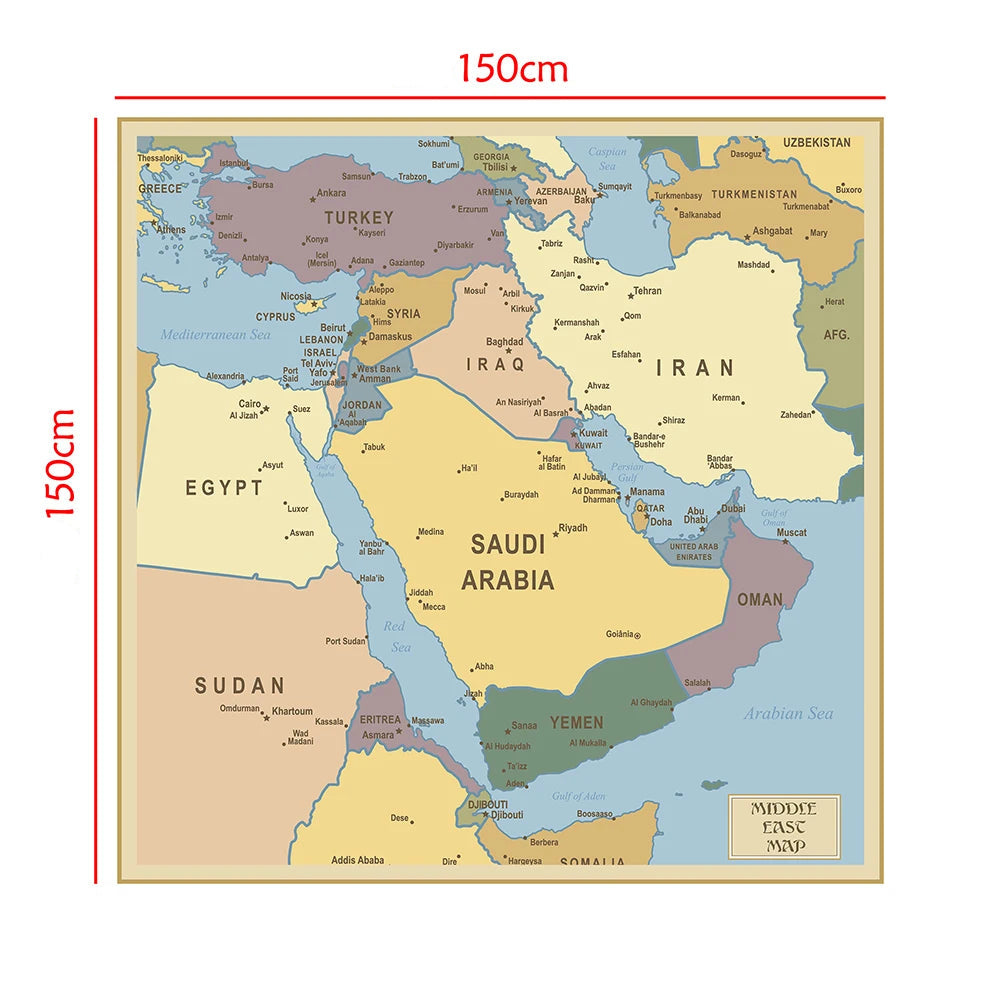 Carte du Moyen-Orient Politique 150x150 cm – Carte Murale Éducative en Toile