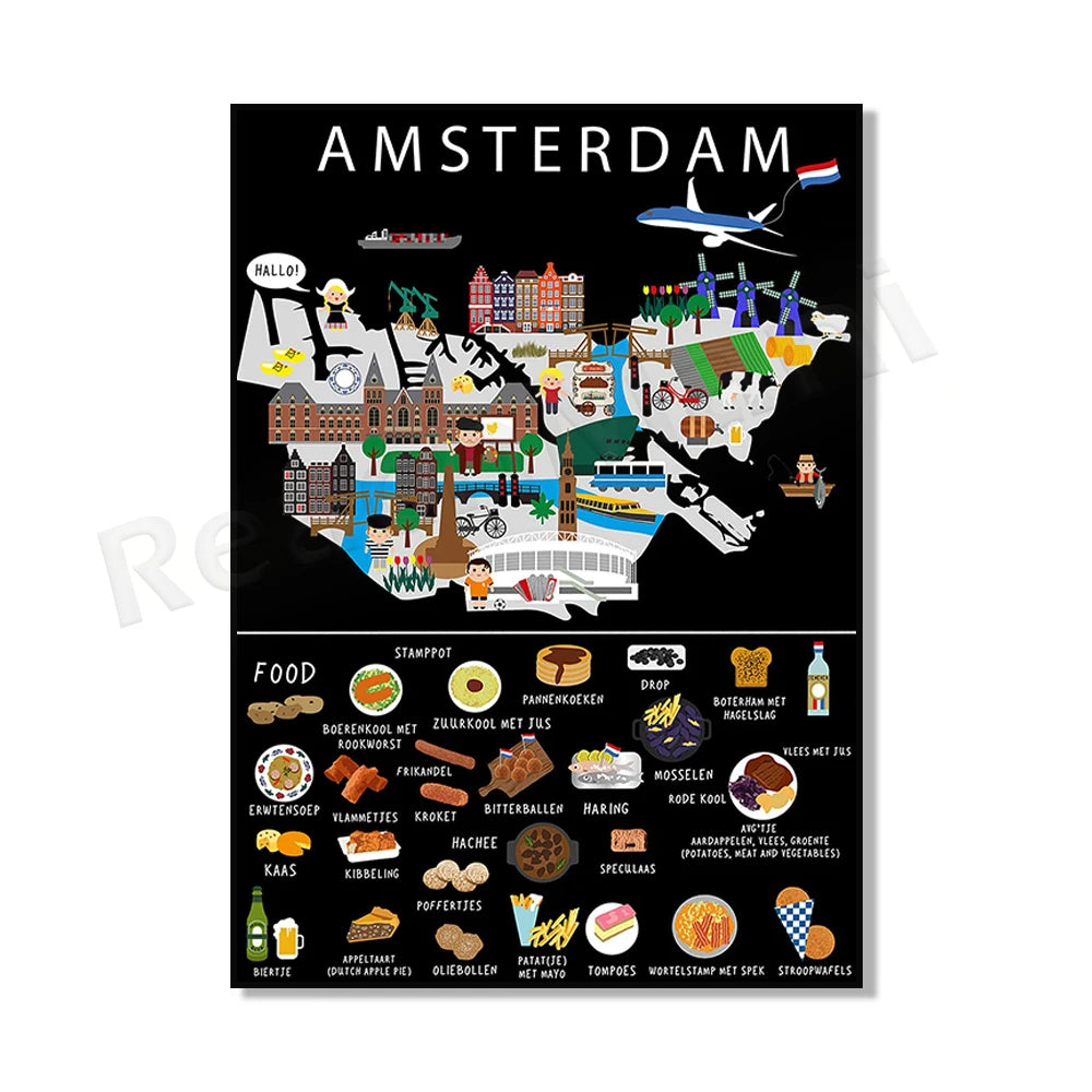 Poster Carte Gastronomique & Culturelle d'Amsterdam