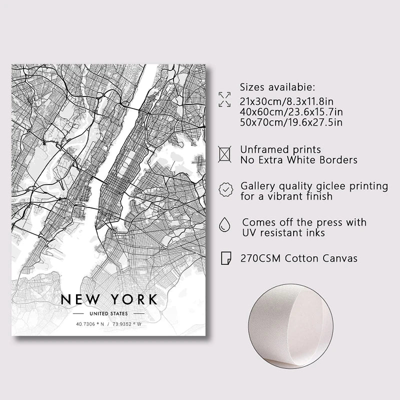 Carte de New Yo – Affiche Murale en Noir et Blanc