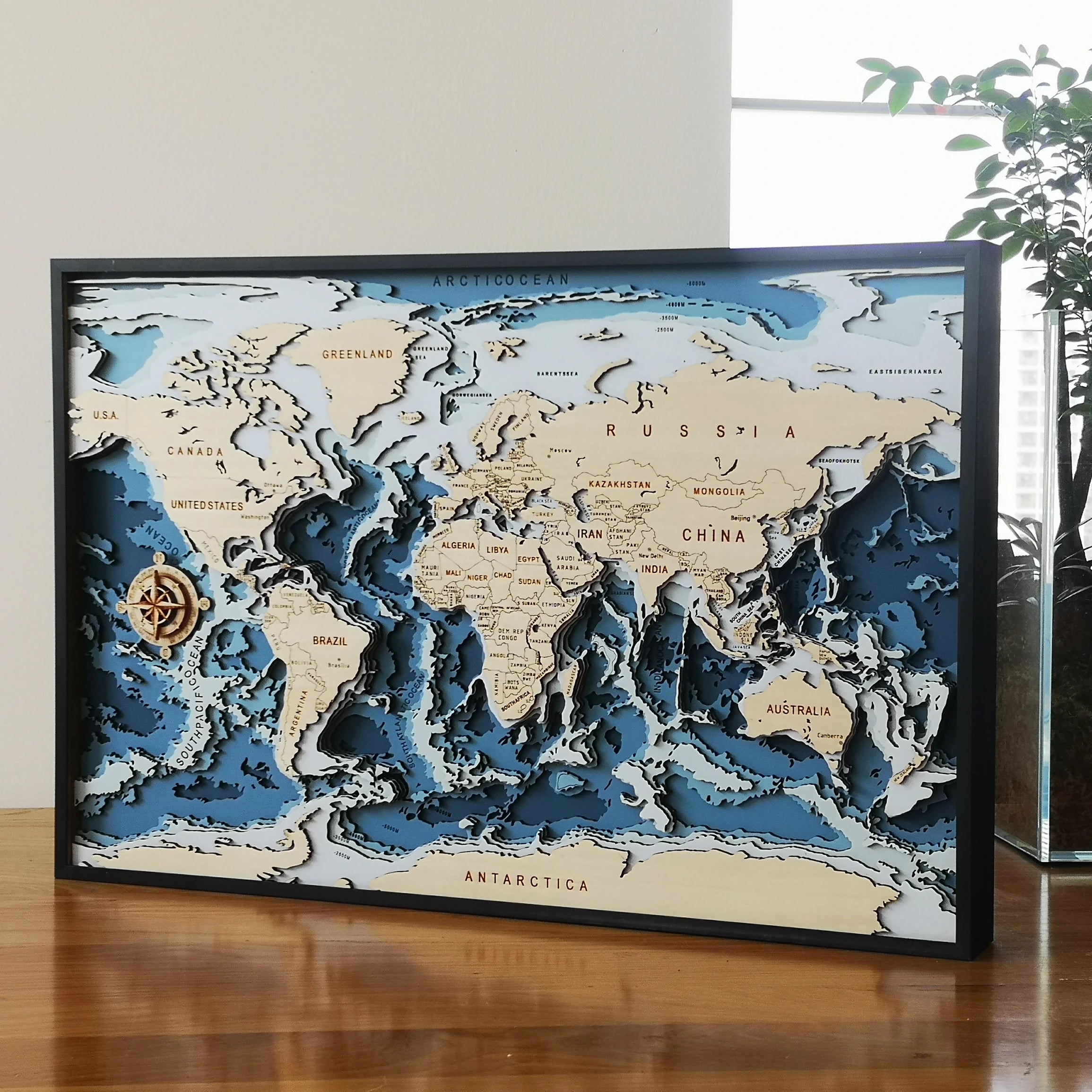 Carte du Monde et fonds marins 3D en Bois