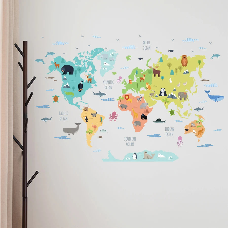 Autocollant mural de carte de la terre et animaux pour enfants - Sticker
