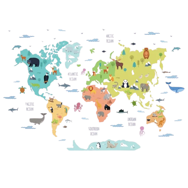 Autocollant mural de carte de la terre et animaux pour enfants - Sticker