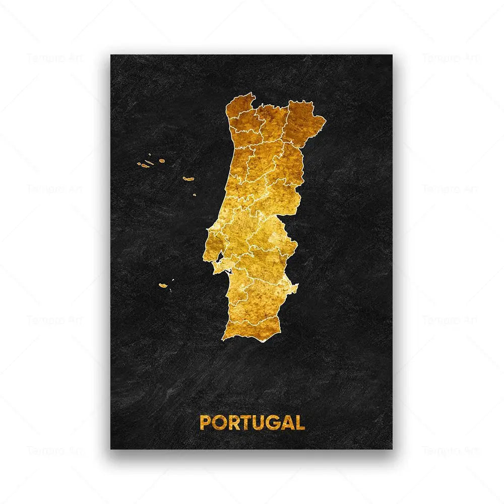 Tableau Carte en Noir et Or - Portugal