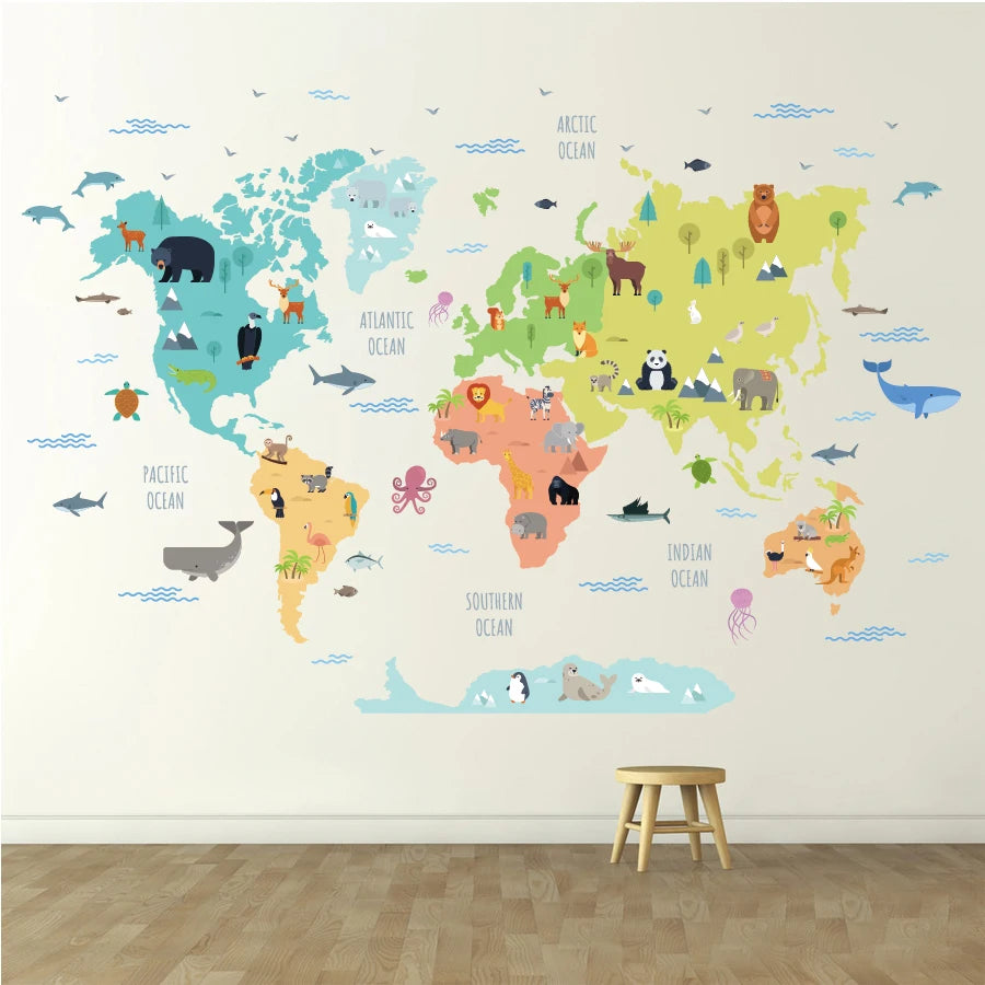 Autocollant mural de carte de la terre et animaux pour enfants - Sticker
