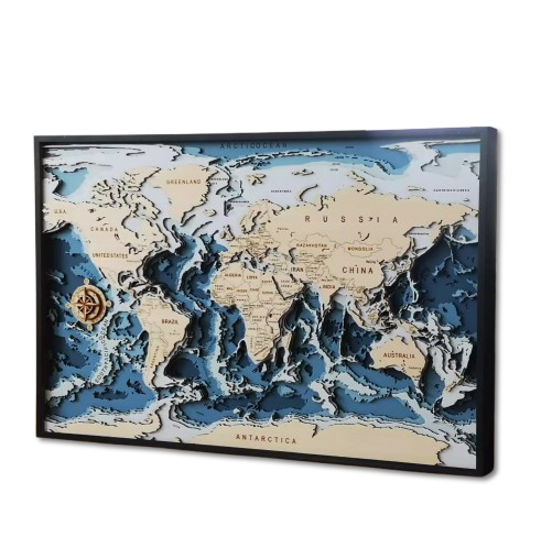 Carte du Monde et fonds marins 3D en Bois