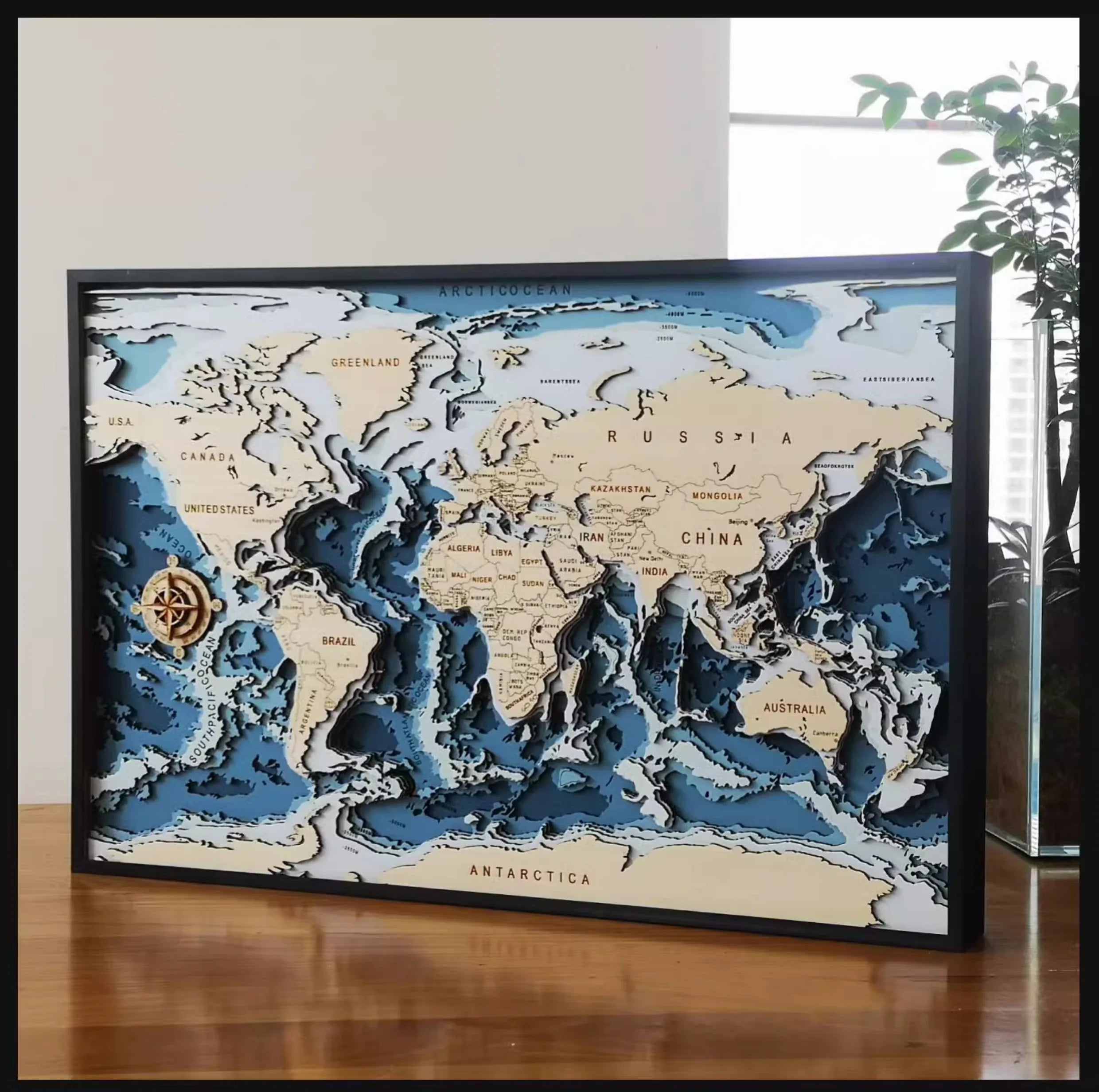 Carte du Monde et fonds marins 3D en Bois
