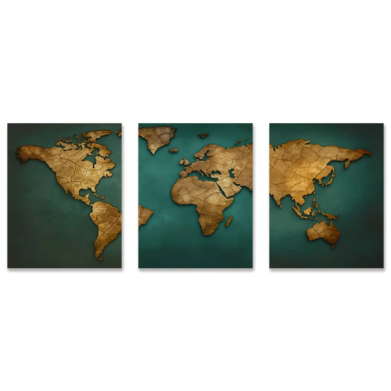 Carte du monde triptyque en 3 panneaux
