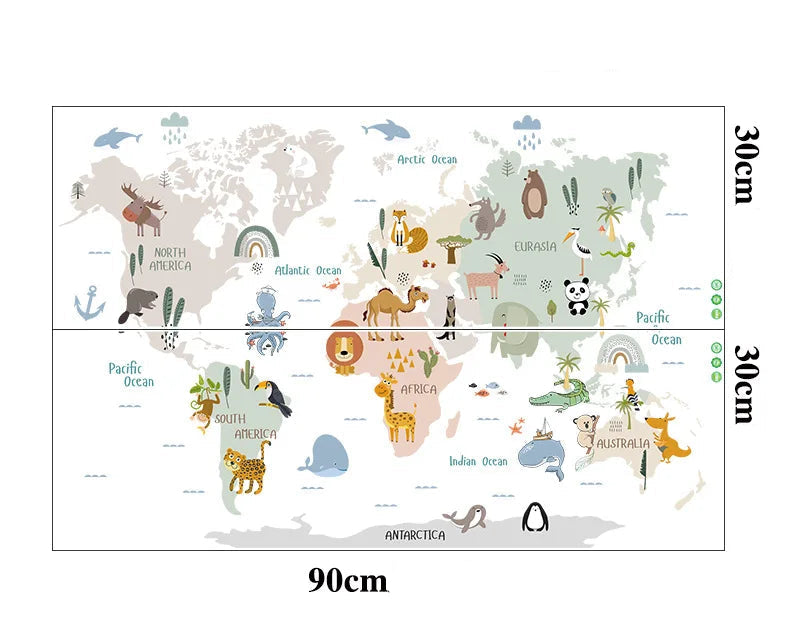 Autocollants Carte du Monde des Animaux – Stickers Muraux Éducatifs Enfants