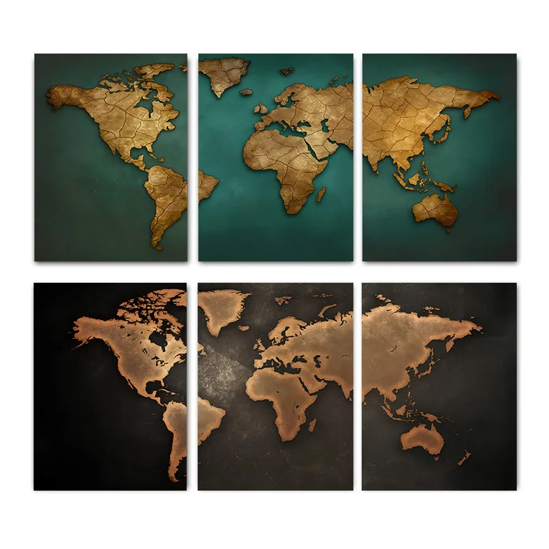 Carte du monde triptyque en 3 panneaux