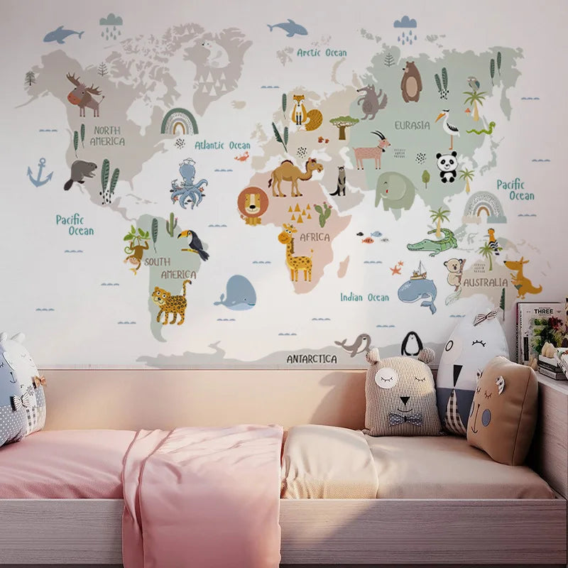 Autocollants Carte du Monde des Animaux – Stickers Muraux Éducatifs Enfants