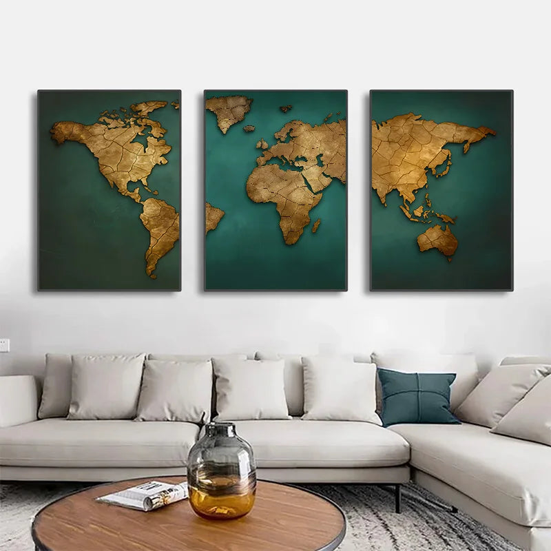 Carte du monde triptyque en 3 panneaux