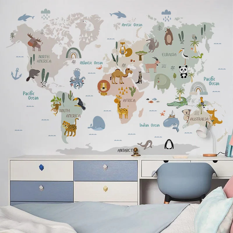 Autocollants Carte du Monde des Animaux – Stickers Muraux Éducatifs Enfants
