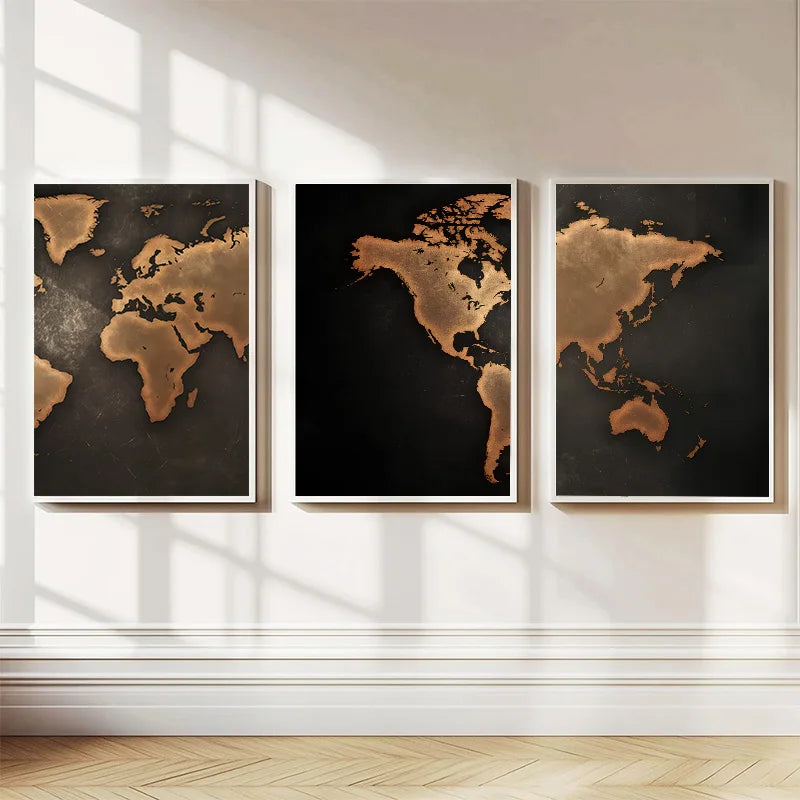 Carte du monde triptyque en 3 panneaux