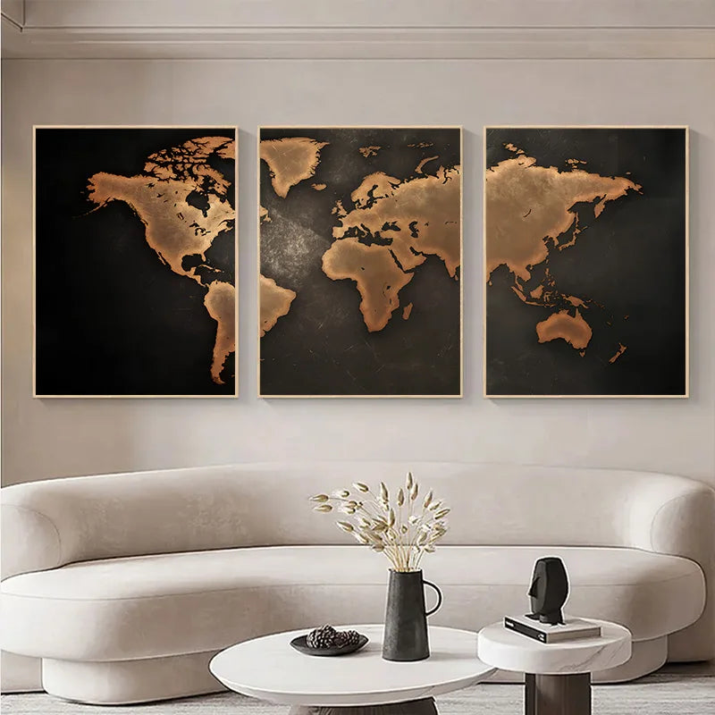 Carte du monde triptyque en 3 panneaux