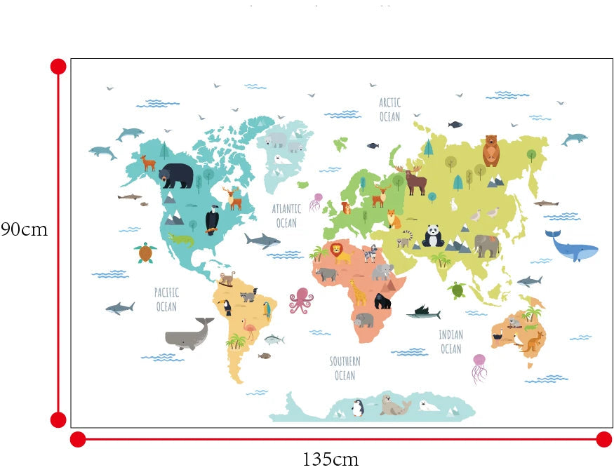 Autocollant mural de carte de la terre et animaux pour enfants - Sticker