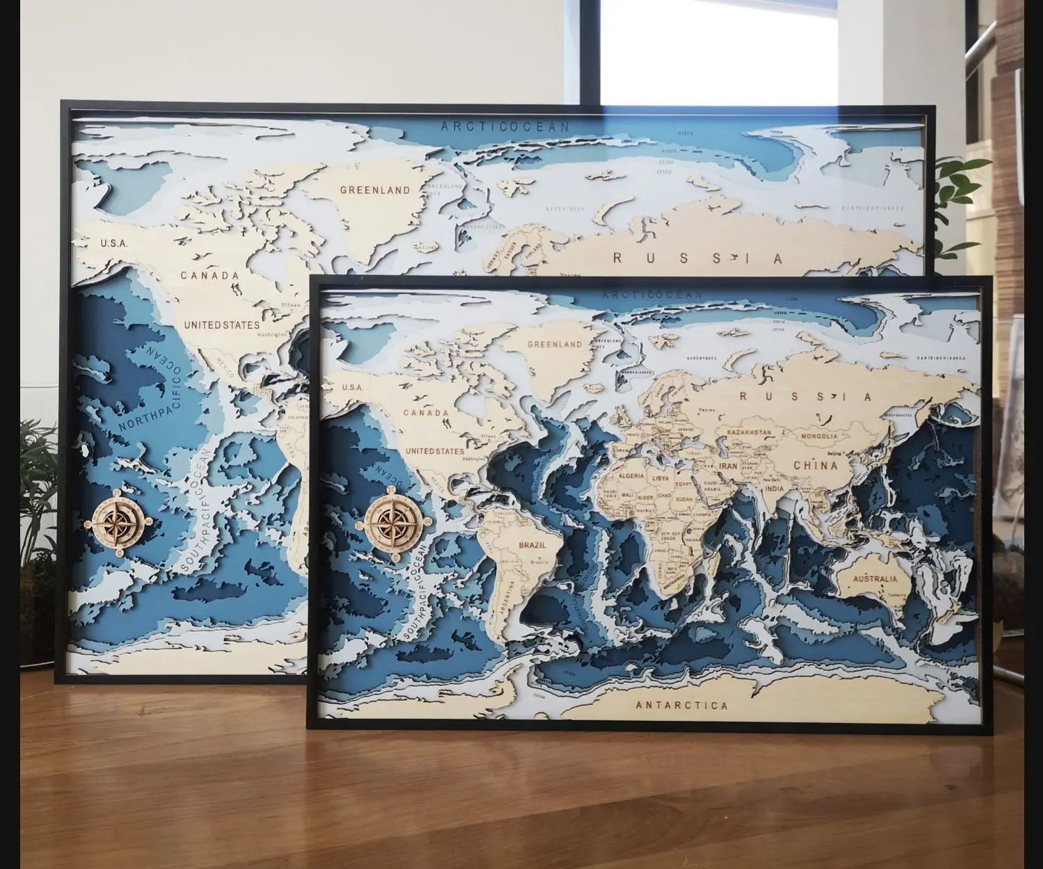 Carte du Monde et fonds marins 3D en Bois