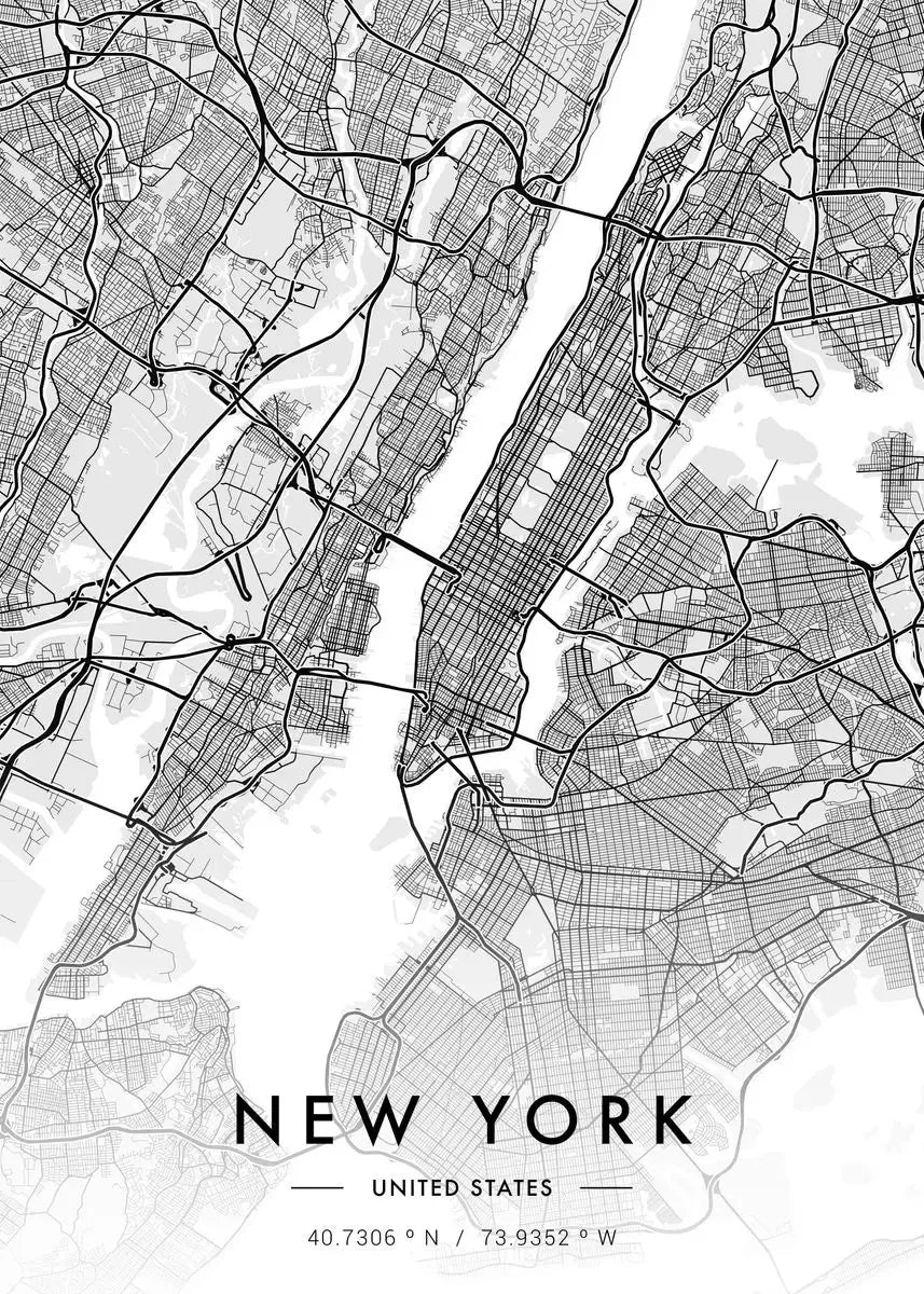 Carte de New Yo – Affiche Murale en Noir et Blanc